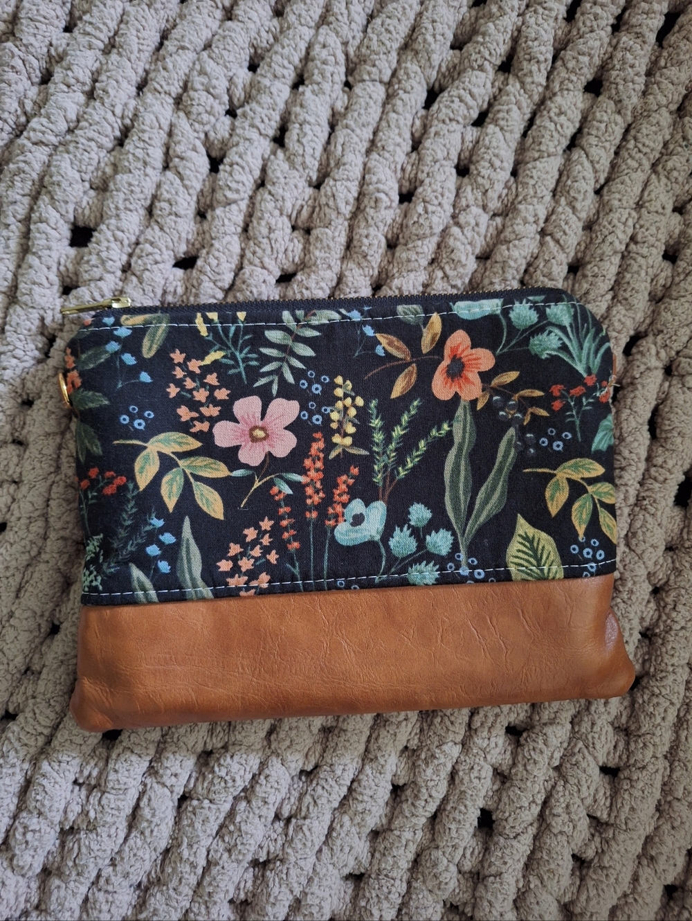 Floral Canvas and Tan Faux Leather Zip Pouch